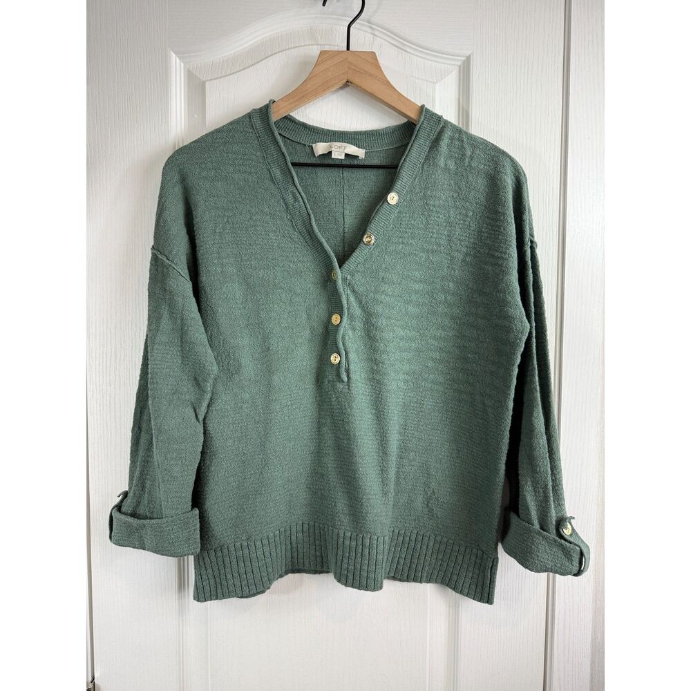 LOFT Sage Green Henley Sweater Women's Small Cotton Blend Roll Tab Sleeve